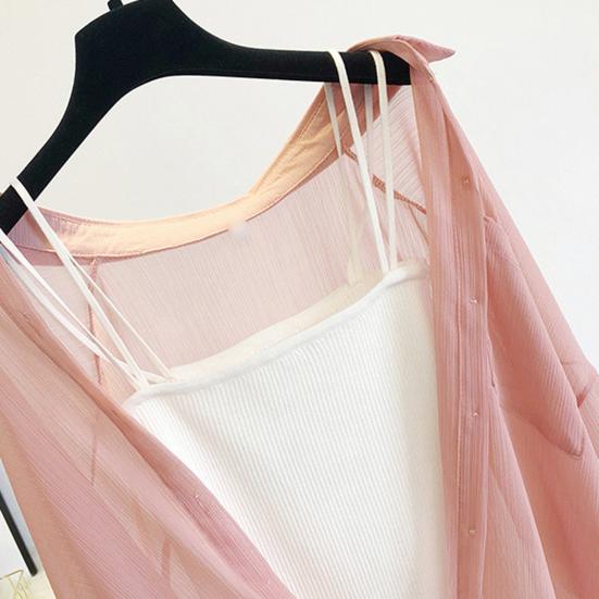 Women Top Beach Cover-up Thin Anti-UV Long Sleeves Solid Color Loose Soft Casual Lapel Spring Summer AC Shirt Sun Protection Coat