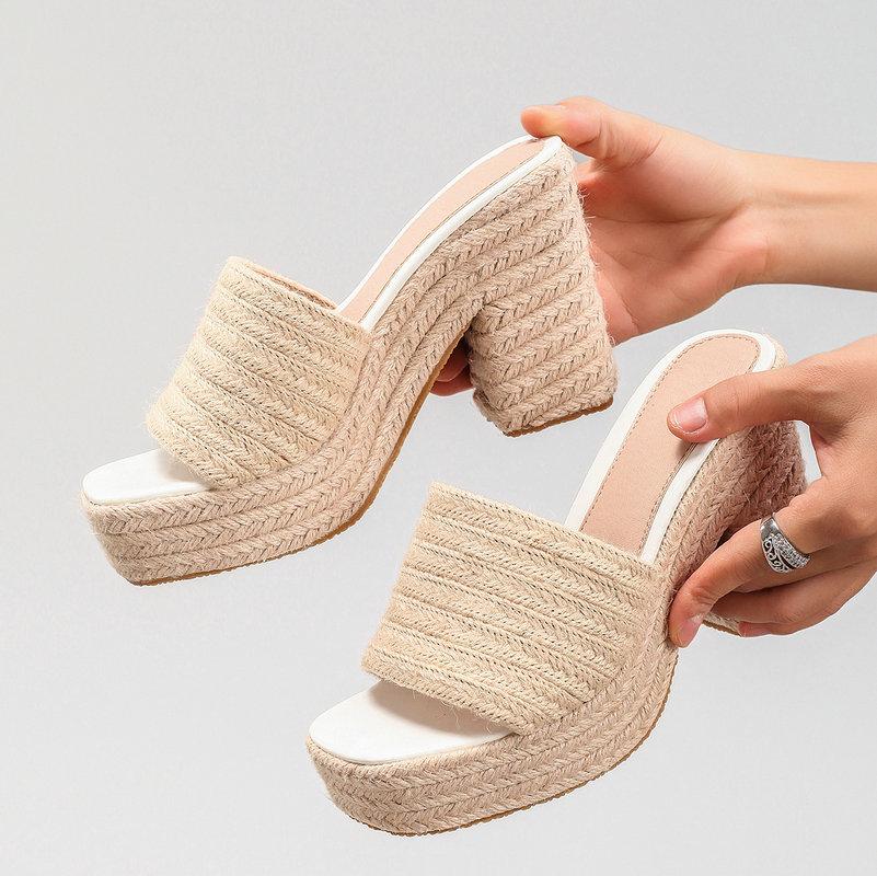 Women'S Hemp Rope Wedge Heel Thick-Soled Sandals, Woven Straw Rope One-Strap Summer Waterproof Platform High Heels
