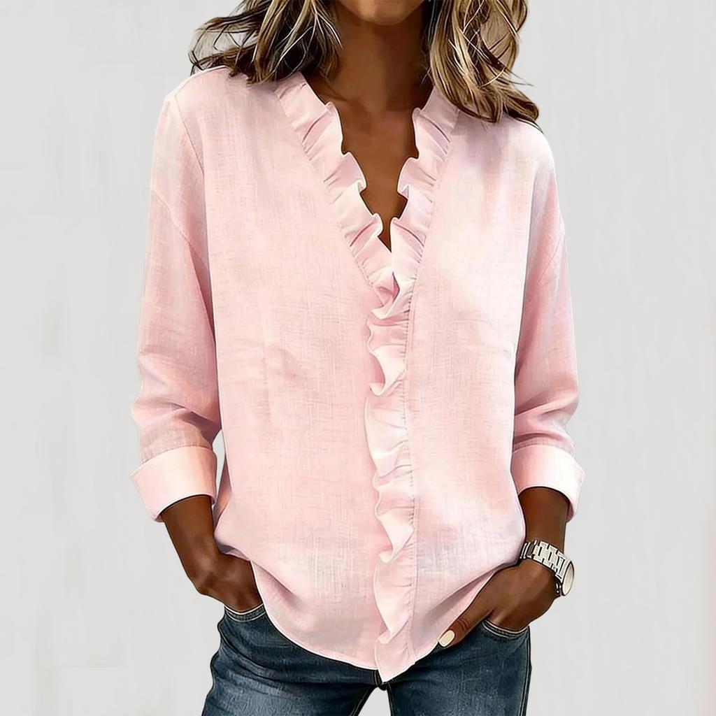 Women's Fashionable Color V Neck  Long Sleeved Shirt Casual Pullover Top