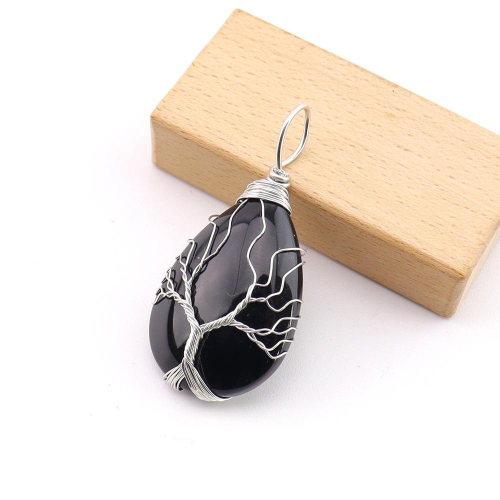 Natural Stone Crystal Agate Water Drop Winding Silk Tree Of Life Pendant Necklace Sweater Chain Water Drop Rough Stone N779
