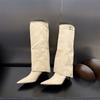 IPPEUM Women Knee High Boots Thin Heel Denim Point Toe Winter Retro Shoes Botas Mujer