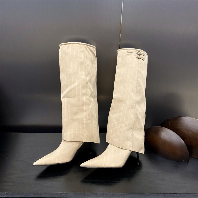 Fashion IPPEUM Women Knee High Boots Thin Heel Denim Point Toe Winter Retro Shoes Botas Mujer