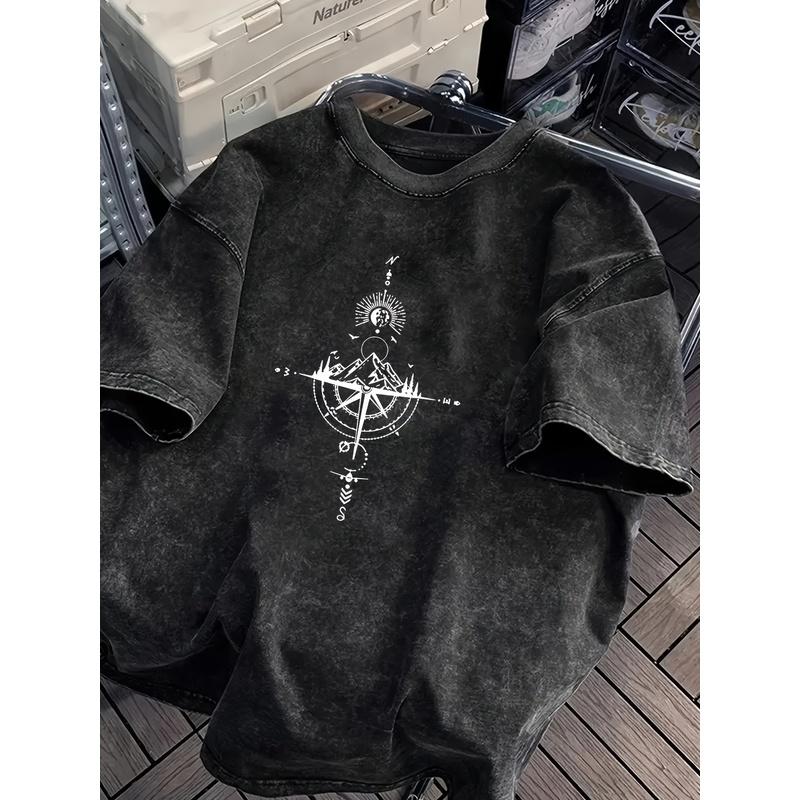 Outdoor Adventure Compass Mountain Print Summer Men's Trendy Drop-Shoulder Sleeve High-Quality Heavyweight Plus-Size Vintage Distressed Washed Pure