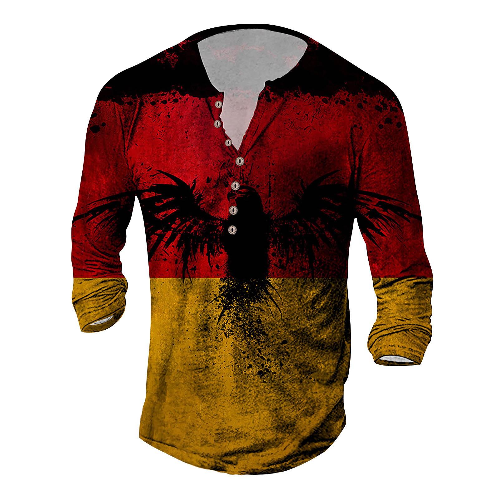 Men s Stylish Long Sleeve Henley Shirt with German Flag Design Casual Button Down Graphic Tee L красный