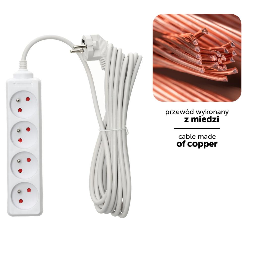 Home extension cord, 4 sockets, 5 , with grounding, white
