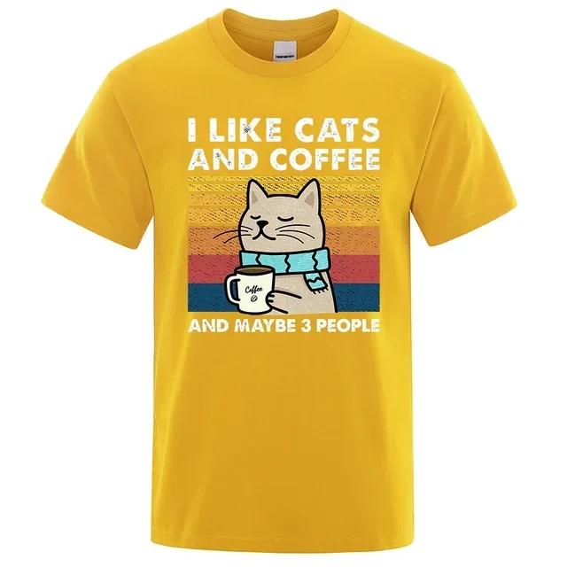 I Like Cats And Coffee Street Funny T-Shirt For Men Fashion Casual Loose Cotton Clothing Crewneck Breathable Tshirt Hip Hop Tees