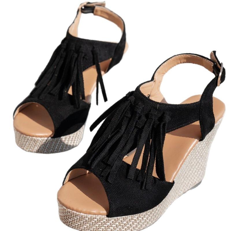 Summer Platform Wedge Fringed Sexy Fish Mouth Bohemian Openwork Sandals for Women