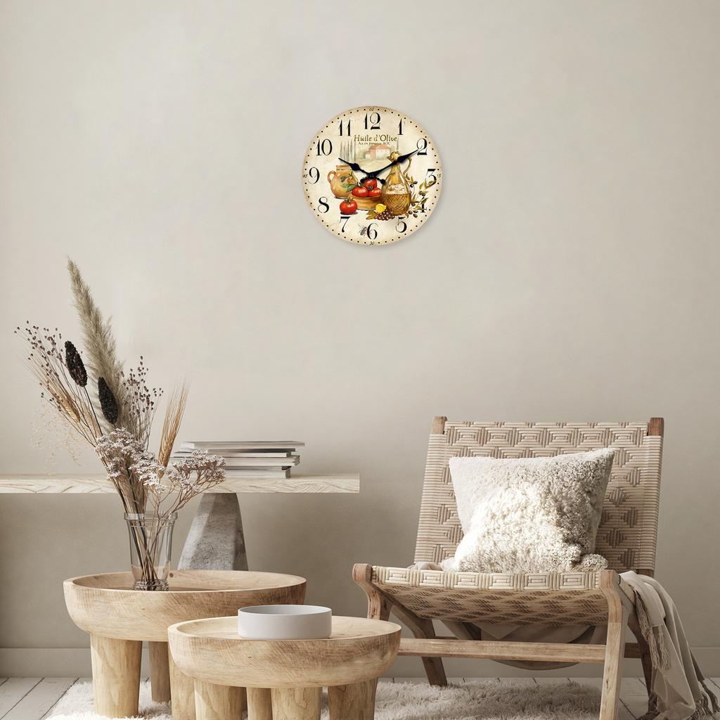 Orologio da Parete in Legno Vintage con Motivo di Olio d'Oliva e Pomodoro della Provenza Soggiorno Camera da Letto Cucina Decorazione per la Casa Orologio al Quarzo Silenzioso Regalo per le Feste