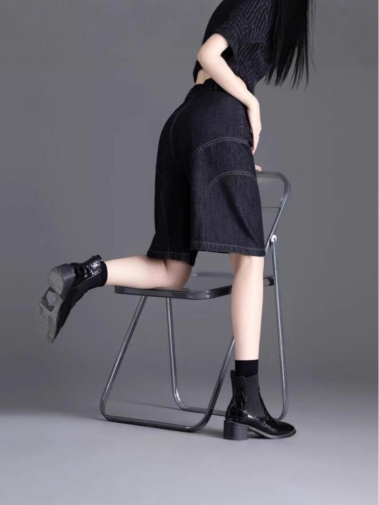 Women's Black Denim Mid-Calf Shorts - Summer 2025 Collection, Lightweight, Loose Fit, Five-Point Wide Leg Style