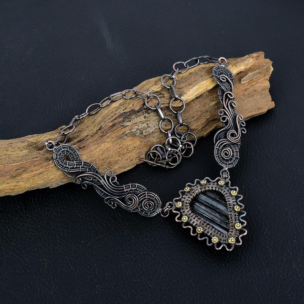 Black Tourmaline 999 Copper Wire Wrapped Necklace with Adjustable Chain, Handmade Gemstone Jewelry Necklace For Memorial Day