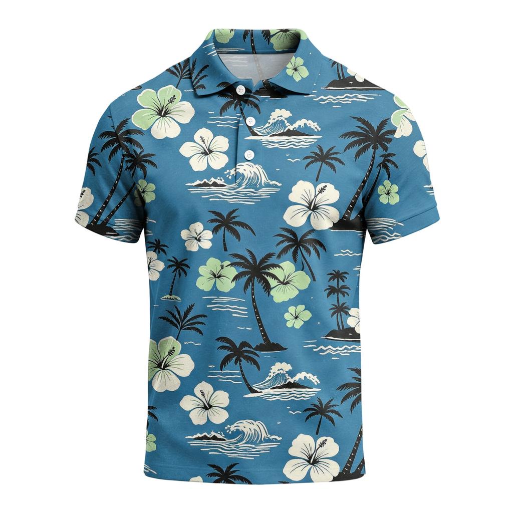 Men's Summer Hawaiian Style Printed Polo Shirt Loose Casual Vacation Short Sleeve Top Lightweight Breathable Fabric