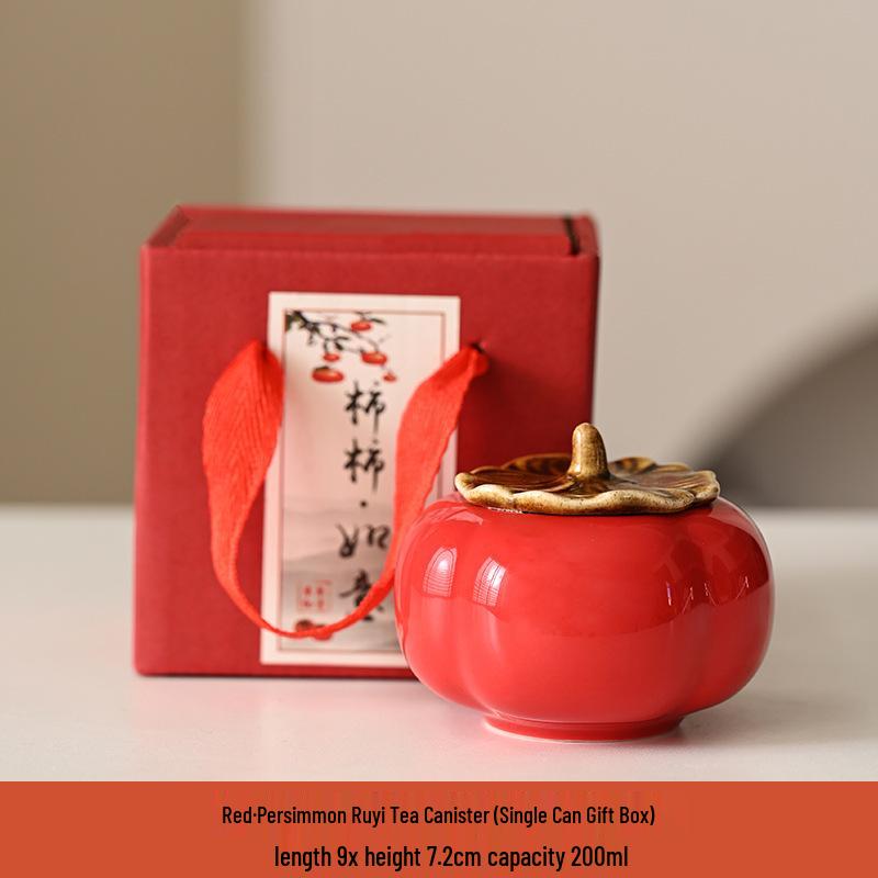 Charming Persimmon Ruyi Ceramic Tea Box & Mini Candy Jar Gift Set
