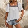 Women Spring Summer Holiday Lace Embroidered Square Neck Pullover Shirt Lotus Leaf Short Sleeve Backless Blouses S-XL