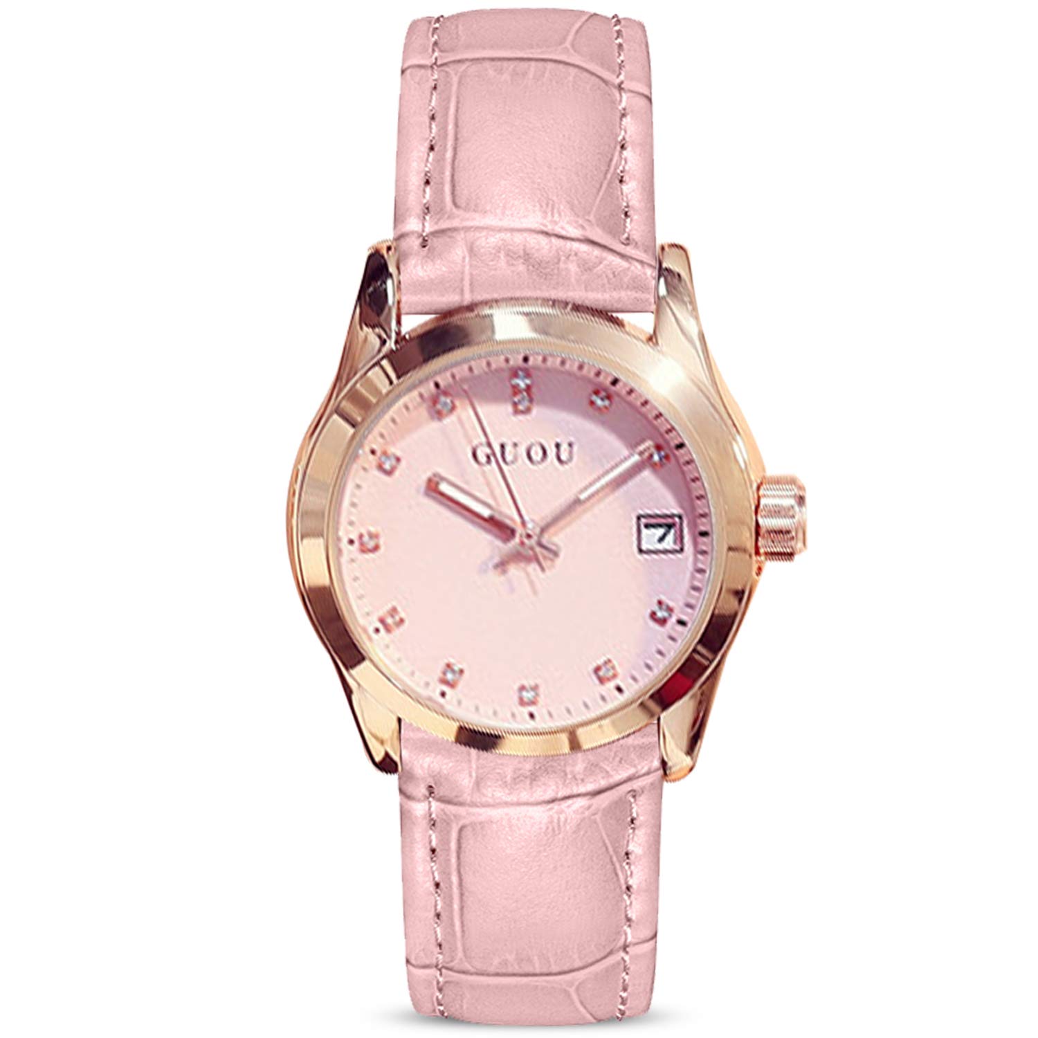 

RORIOS Women s Crystal Sparkling Watch, Elegant and Cute, Waterproof Quartz Movement with Analog Display, Strap, and Genuine Leather Strap, Pink