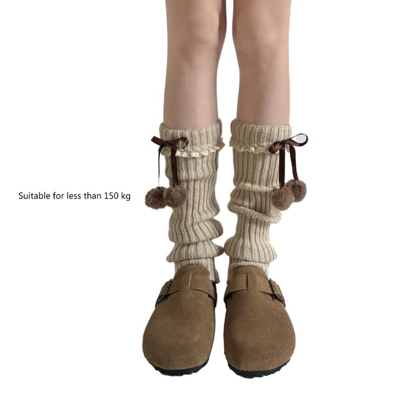 Fashionable Plush Balls Bows Adorned Leg Warmers with Lace Details for Women's Knitted Turn Cuffs Leg Covers Sleeves