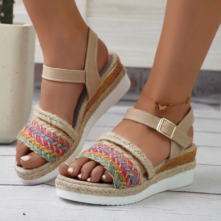 Large size linen sole wedge heel fish mouth word with beach sandals summer ethnic style women's shoes