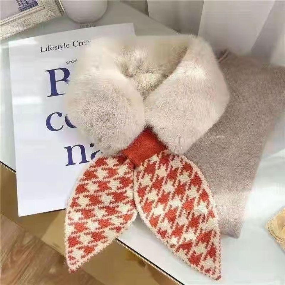 New Winter Korean Style Houndstooth Scarf Women's Fashionable Fur Warm Imitation Rabbit Fur Cross Small Scarf Thickened