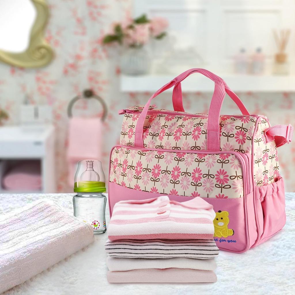 5PCS Baby Diaper Bag Set, baby nappy Handbag with Shoulder Strap, Portable Diaper Changing Bag for Mom Dad