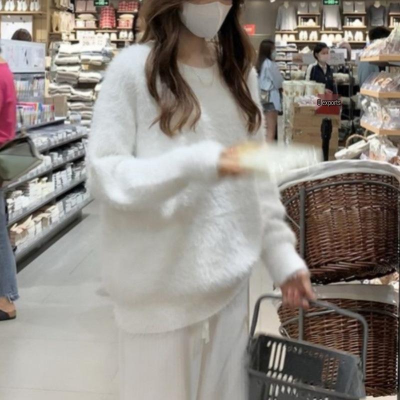 2025 Autumn/Winter Women's White Mink Velvet Sweater - Soft Mohair, Retro Japanese Style, Cozy Outerwear.