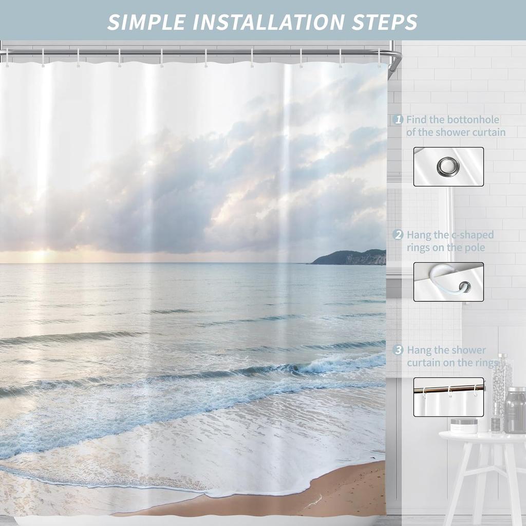 Beach Sunset Shower Curtain Ocean Waves And Sand Tropical Coast View Serene Bathroom Art Water Resistant Fabric Coastal Theme