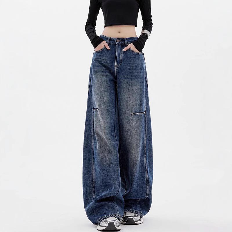 

Women s Retro Ripped Wide-Leg Jeans - Floor-Length, Loose Fit for Early Spring Small