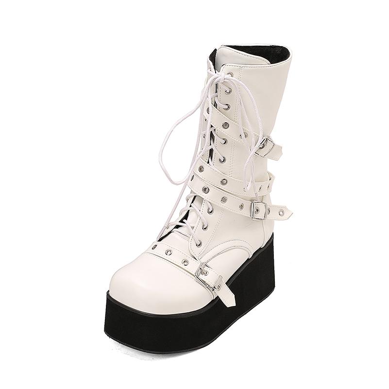 

Ботильоны до середины икры большого размера с обернутой застежкой на три ряда, круглым отверстием, толстой подошвой, скошенным каблуком, шнуровкой и молнией, увеличивающие рост 39 белый