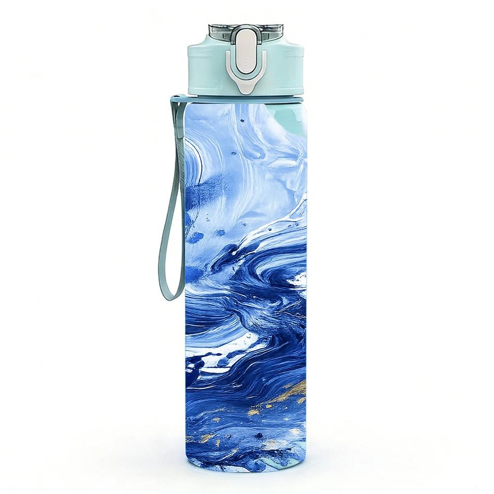 1PC Dark Blue Fluid Paint Pattern 750ml Color Plastic Sports Water Bottle Leakproof Flip Straw Lid Suitable for Sports Office Home Use