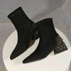 Suede Rhinestone Woman Short Shoes 2026 Winter Ankle Boots for Women Elegant with Medium Heels Booties Square Toe Footwear