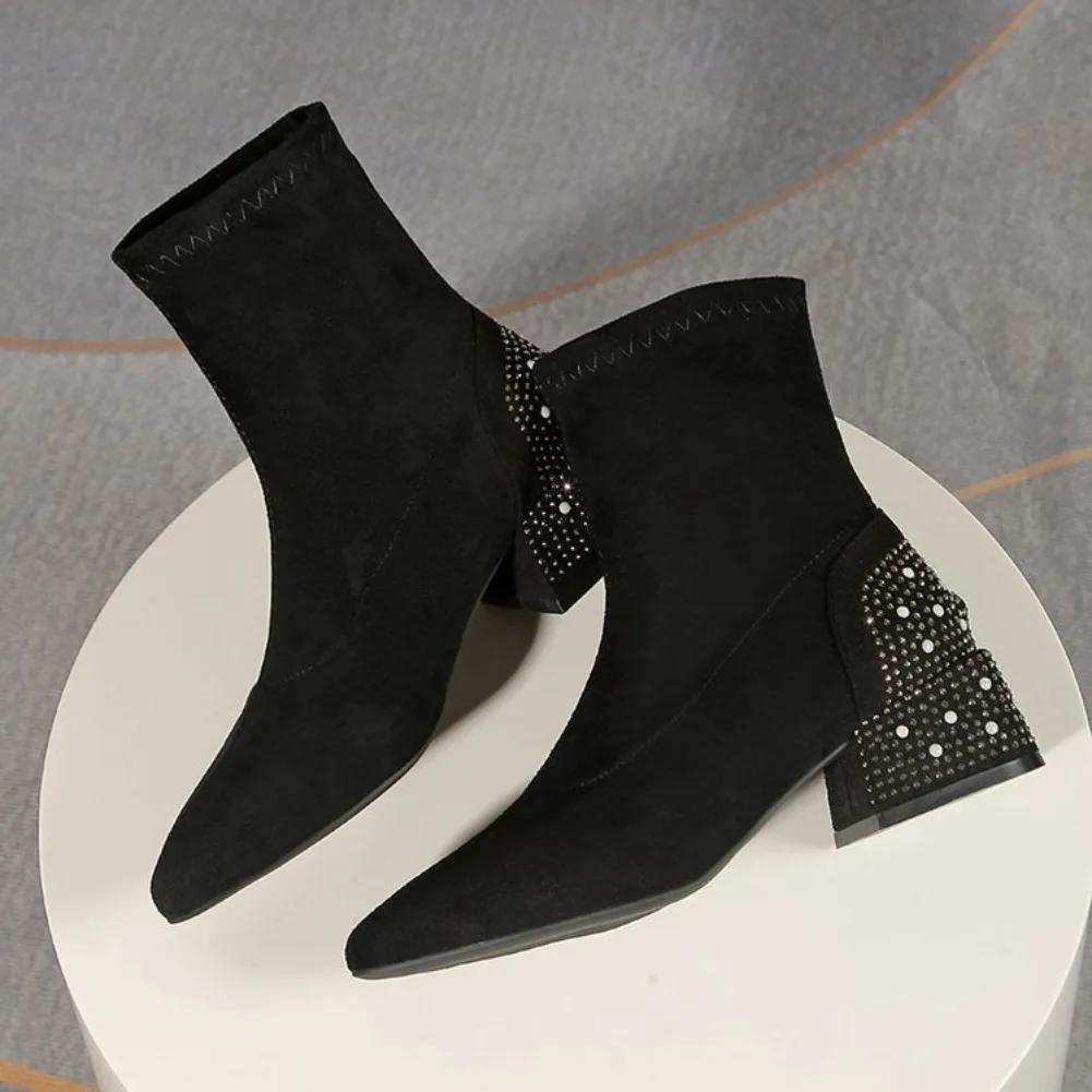 Suede Rhinestone Woman Short Shoes 2026 Winter Ankle Boots for Women Elegant with Medium Heels Booties Square Toe Footwear