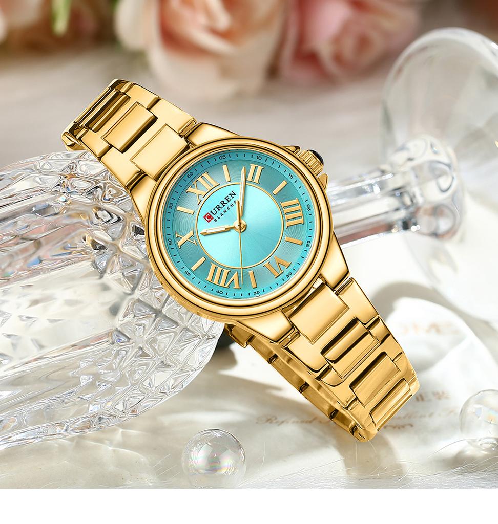 CURREN 9091 Women's Quartz Watch Fashion Simple Elegant Rose Gold Analog Display Steel Strap Wristwatch for Ladies Clock Gift