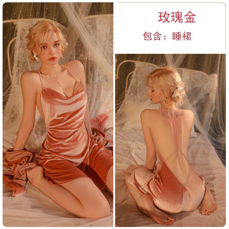 Women's Solid Velvet Lace Backless Cami Sleep Dress with Tie Robe for Fall Winter