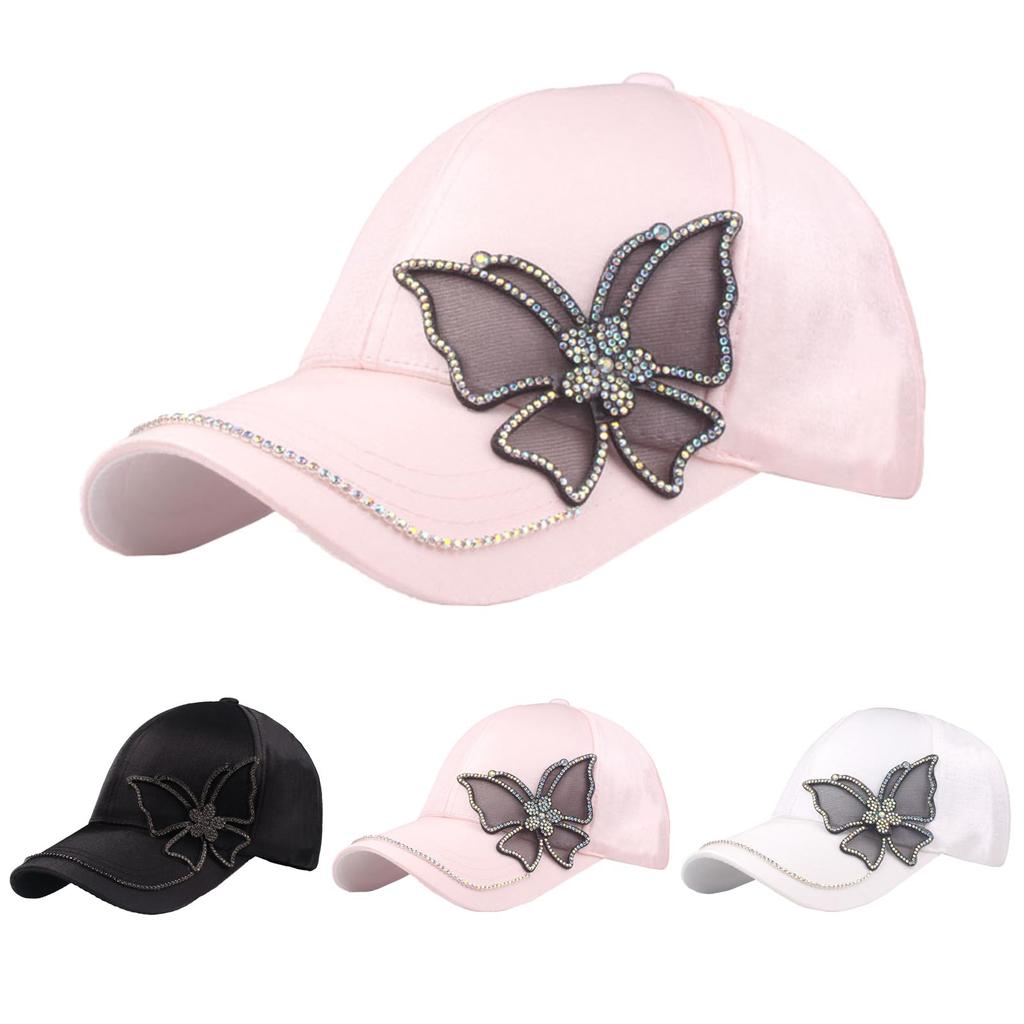 Fashion Women Rhinestone Butterfly Baseball Hat, Shiny Satin Sun Cap with Crystal Brim Decoration, Adjustable Elegant Casual Peaked Visor Hat