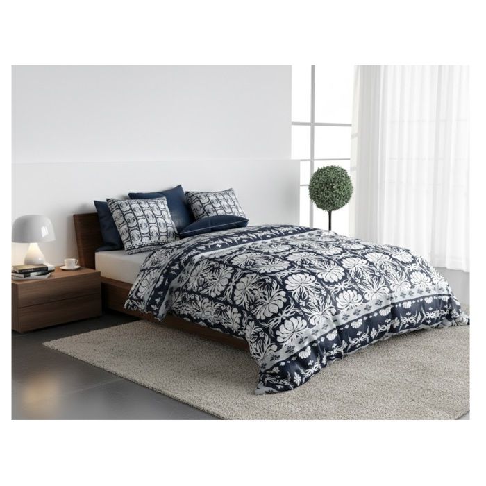 Parure de lit - EDEN - Folklore - 260 x 240 cm - 100% coton (57 fils/cm²) - Bleu, boutonnière dissimulée