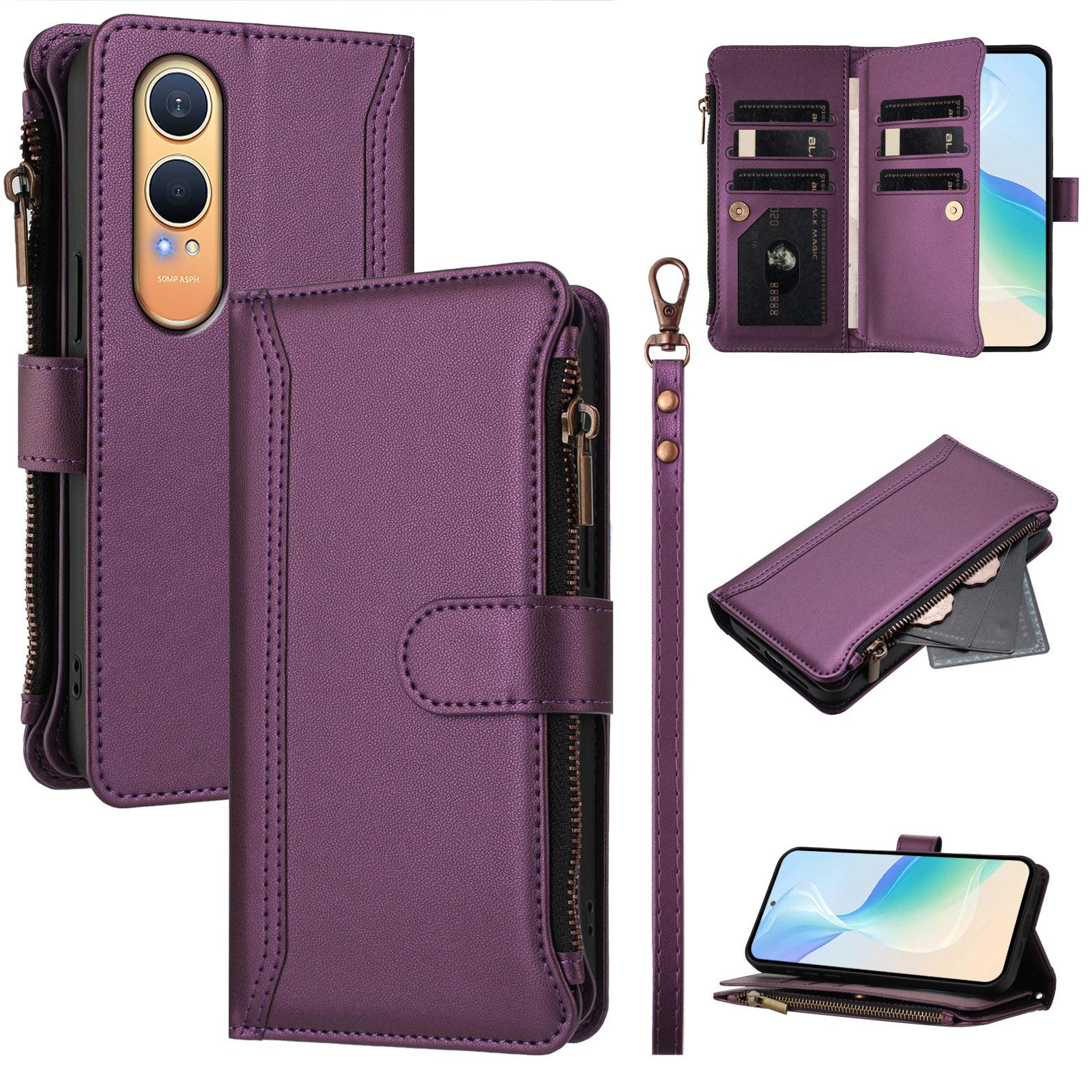 

For Oppo K12x 5G (China)/OnePlus Nord CE4 Lite 5G Leather Case 9 Card Slots Zipper Wallet Stand Phone Cover with Wrist Strap Purple