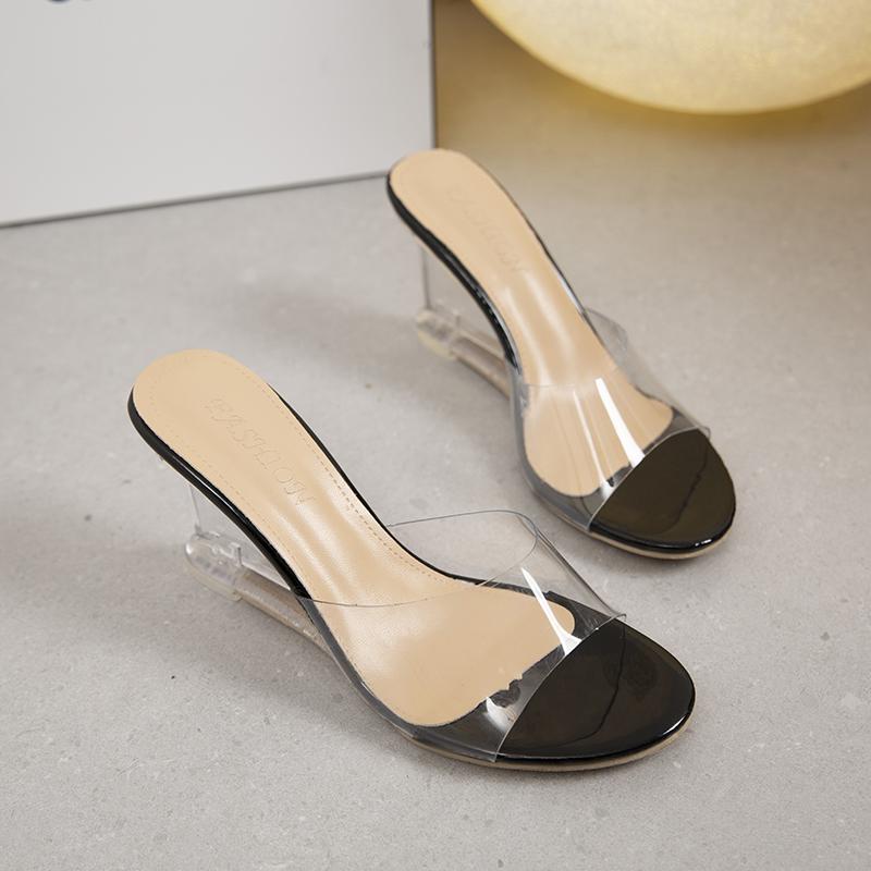 

2025Обувь для женщин Лето Новая Мода Слипоны Высокие Каблуки Кристалл Танкетка Женские Туфли с Открытым Носком Повседневные Шлепанцы 35 чёрный