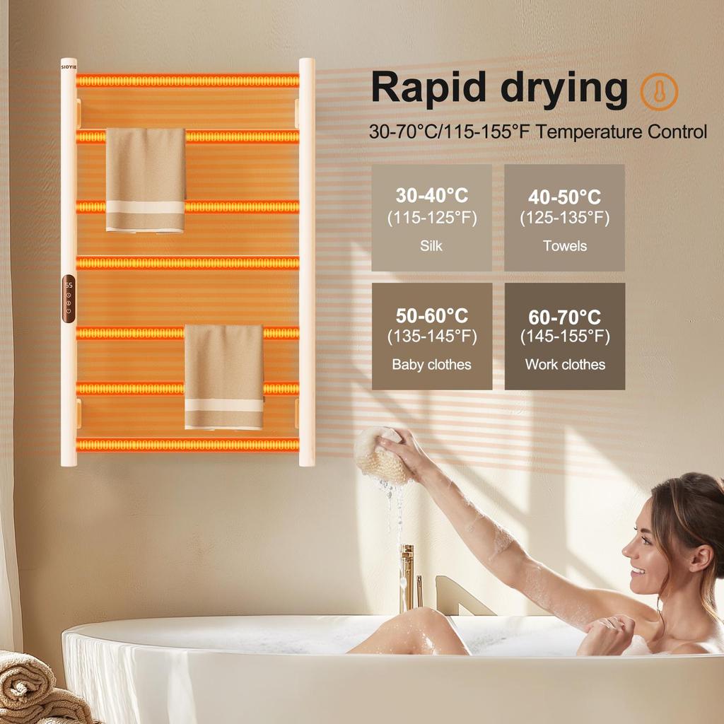 SIOYIE Electric Heated Towel Rack, Towel Warmer with Timer, Smart Bathroom Radiator, Wall-Mounted Heater, Towel Dryer