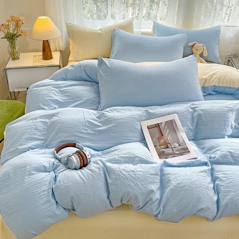 Super Soft Bed 4Pcs Set, Pure Washed Cotton Quilt Cover, Bed Sheet Full Quilt Cover, Bed Hat Student Three 4-Piece Set