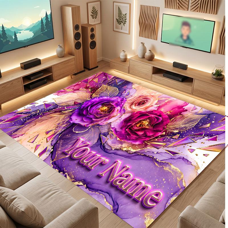 Alfombra de Piso de Terciopelo de Cristal con Tema de Jardín Floral Alfombra Cálida con Texto de Nombre Personalizado Decoración del Hogar