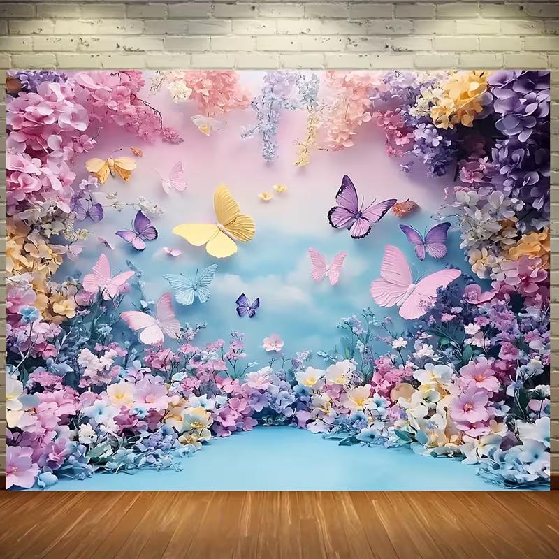 2D Pink Purple Flower Garden with Blue Sky Backdrop Photography Background Banner
