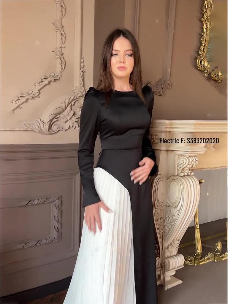 2025 Herbst/Winter Europäisch & Amerikanisch Colorblock Langarm Plissiertes Slim-Taille Bindekleid