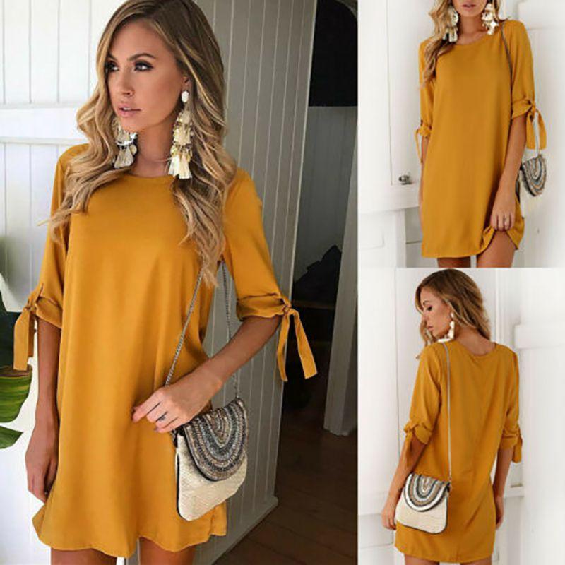 Stijlvolle Damesmode Jurk met Korte Mouwen en Ronde Hals in Effen Kleur voor Zomerse Gelegenheden