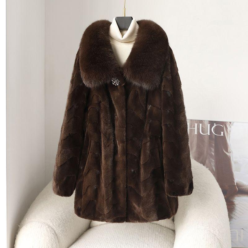 Winter Women's Mink Coat Fluffy Luxury Mid-Length Fur Coat with Fox Fur Collar