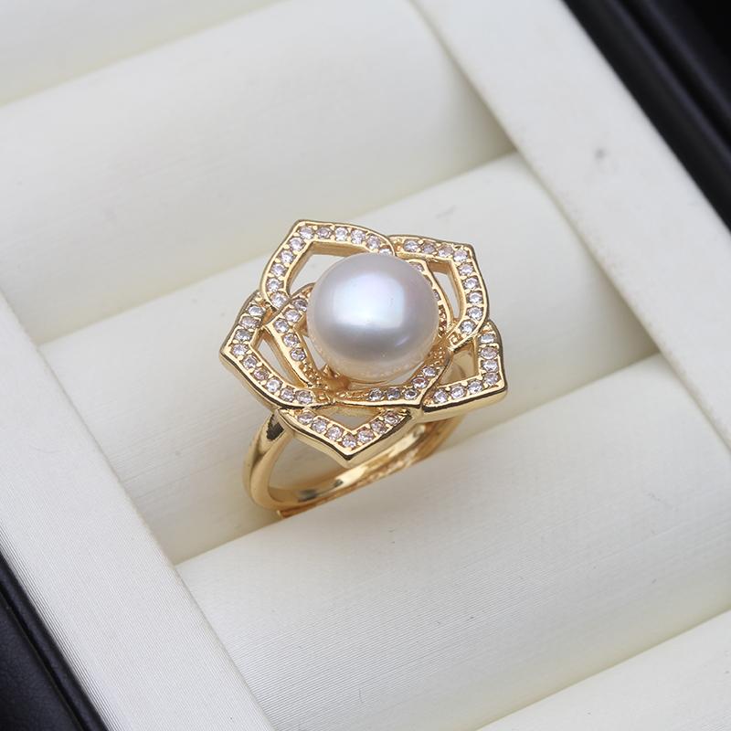 Real Freshwater Natural Pearl Rings Women,Gold Plated Cultured Pearl Rings Adjustable Mother Birthday Gift White Black