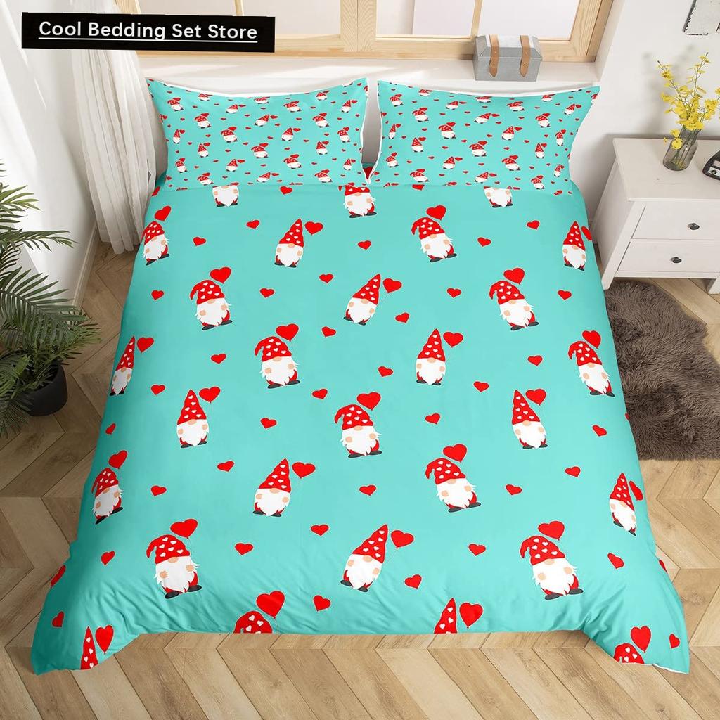 Valentinstag King Bettbezug Romantisches Bettwäsche-Set Kawaii Paar Wichtel Bettdeckenbezug Rosa Rosen Herzen Polyester Steppdeckenbezug