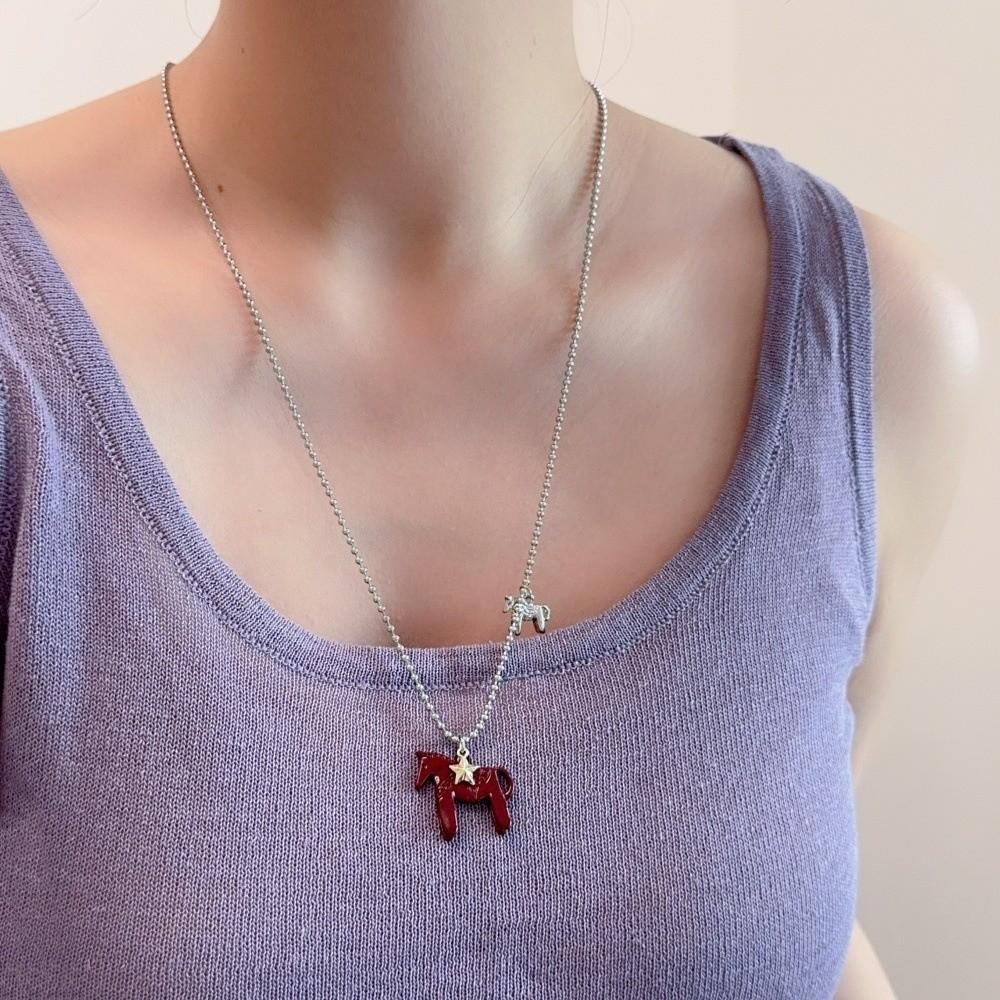 Korean Style Animal Pendant Necklaces Silver Plated Beads Chain Sweater Chain Horse Necklace Women