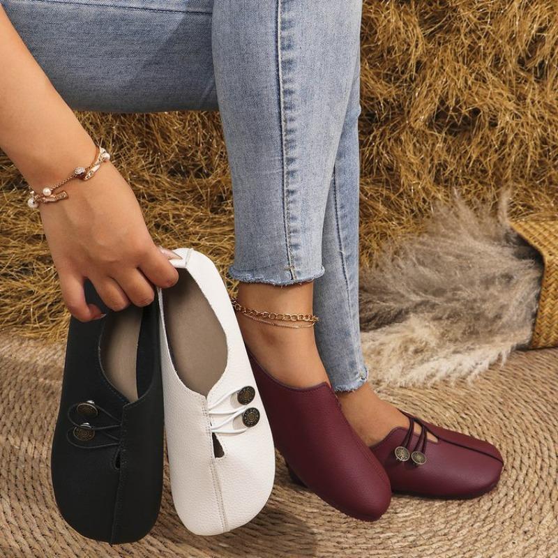 Spring soft leather, light mouth flat-soled single shoes for women, double buckle decorative comfortable commuter shoes, multi-color soft-soled beans