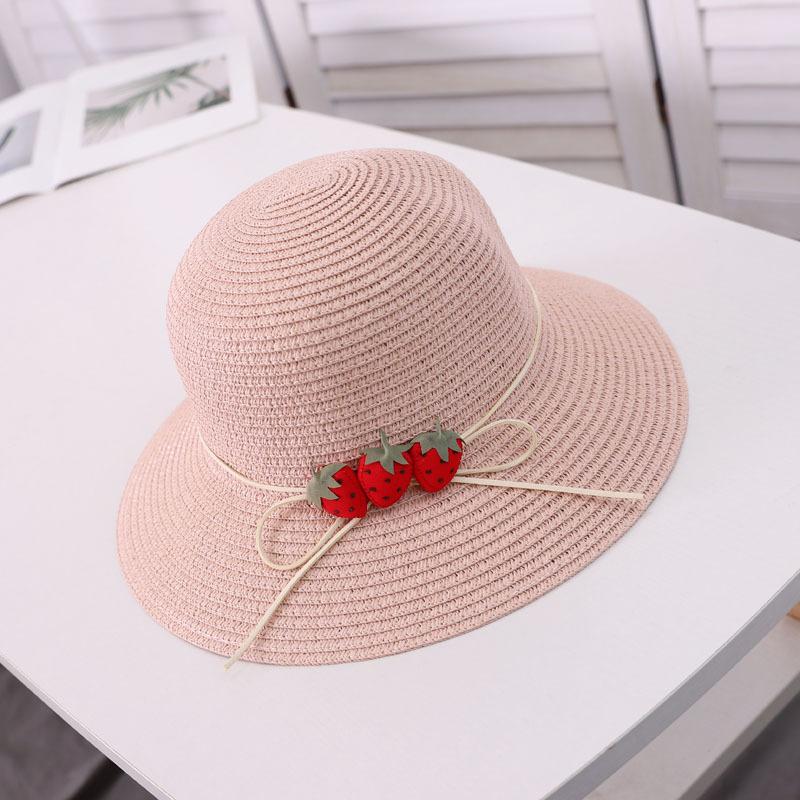 

parent-child summer sun protection women big brim straw hat girls cute beach sun cap strawberry pot fisherman hats Adult (56-58cm) розовый
