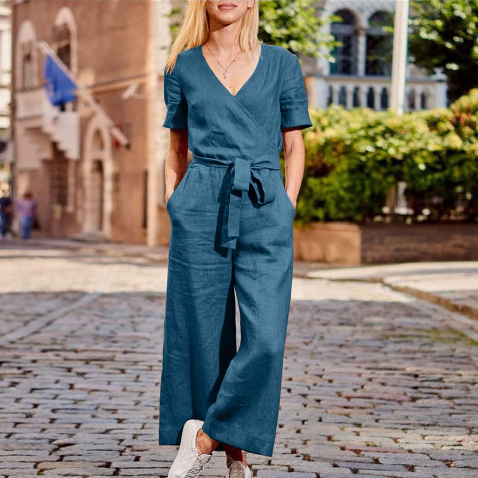 

Women s Color Casual Loose Jumpsuit Short Sleeve Loose Casual Long Pants With Belt M Темно-синій