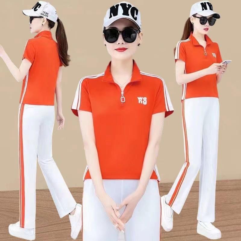Casual Sports Suit Women's Stand-up Collar Short-sleeved Summer Fashion Age-reducing Straight Pants Two-piece Set