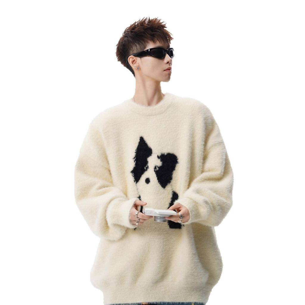 American cartoon puppy pullover sweater men's winter mohair crew neck knitted sweater lazy casual couple inside